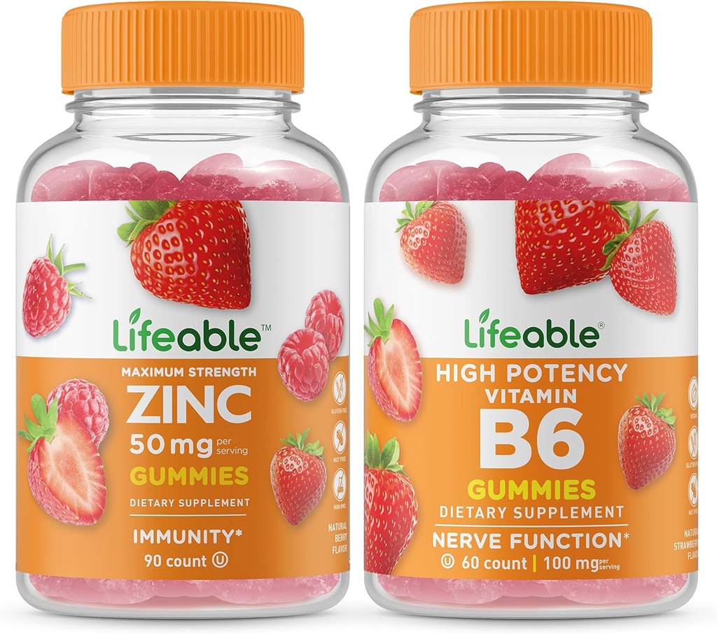 Ζωοποιήσιμος ψευδάργυρος 50mg + Βιταμίνη B6, Gummies Bundle - Μεγάλη γεύση, συμπλήρωμα βιταμίνης, χωρίς γλουτένη, χωρίς ΓΤΟ, Μασώμενα Gummy