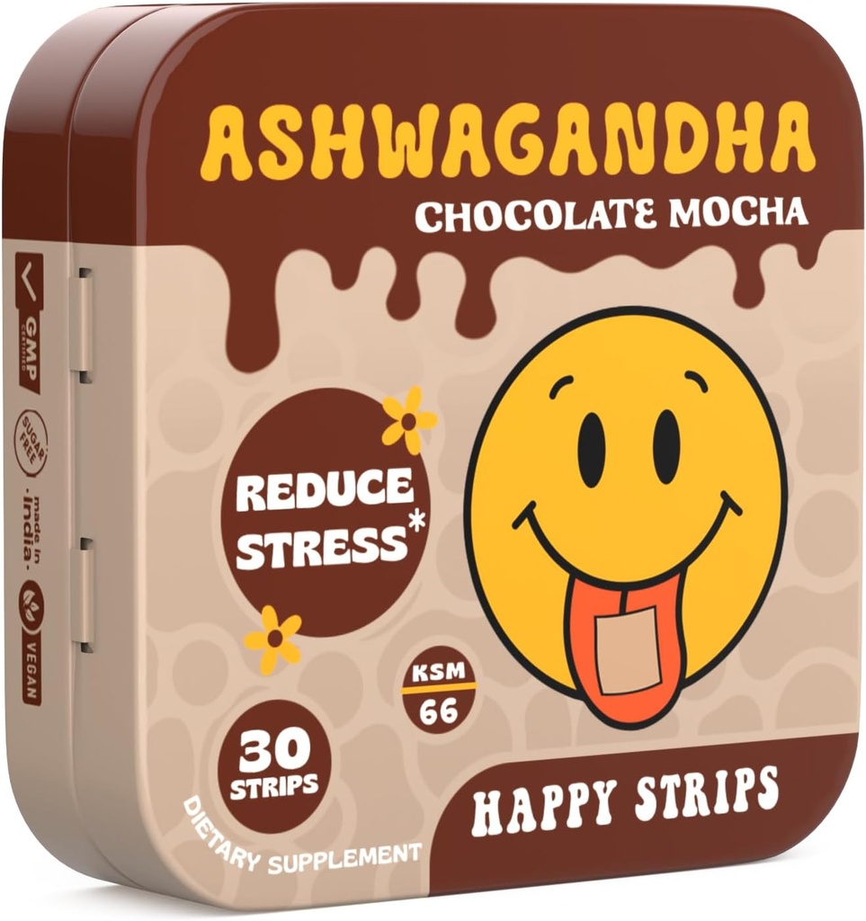 Happy Strips Organic Ashwagandha KSM 66 & GABA for Stress Relief, Calmness, Sleep - Fast-Active & Rapid-Dissolving, Σοκολάτα Μόκα Γεύση, Βιολογικός, Vegan, Χωρίς ζάχαρη - 30 Count