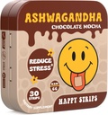 Happy Strips Organic Ashwagandha KSM 66 & GABA for Stress Relief, Calmness, Sleep - Fast-Active & Rapid-Dissolving, Σοκολάτα Μόκα Γεύση, Βιολογικός, Vegan, Χωρίς ζάχαρη - 30 Count