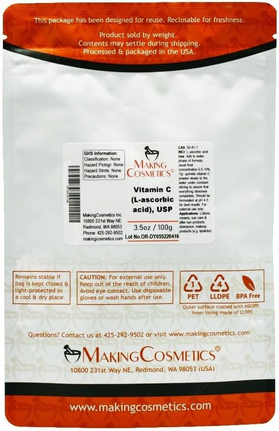 MakingCosmetics - Vitamin C Powder, USP-Grade (L-ascorbic Acid) - 3.5oz / 100g - Cosmetic Ingredient