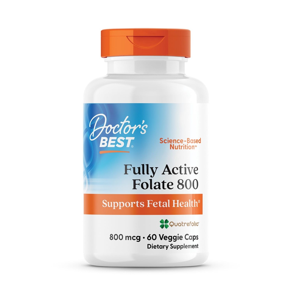 Doctor's Best Folate Supplement 800 mcg for Women & Men - Methylated Folate Capsules 800mcg (5-MTHF), Supports Healthy Fetal Brain Development, Fully Active - 60 Veg Caps