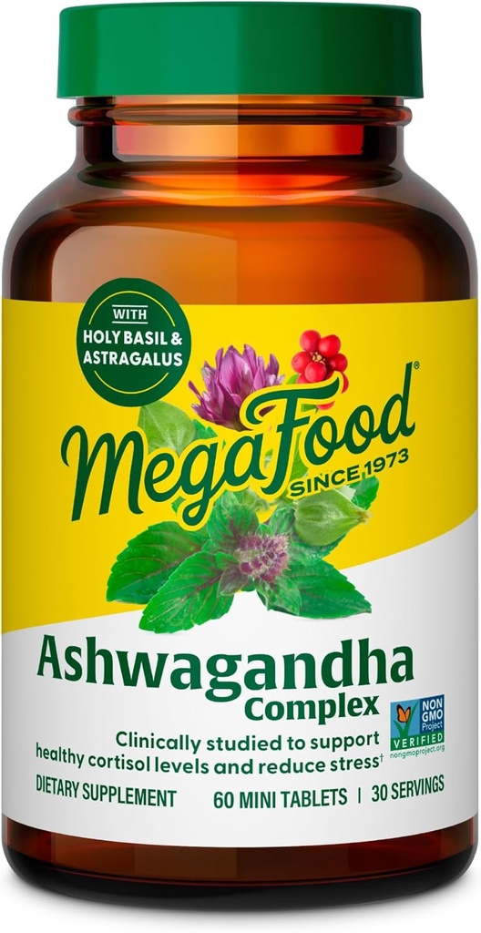MegaFood Ashwagandha Complex (Πρώην προστασία στρες) - Ashwagandha Συμπληρώματα Astragalus Root & Holy Basil - Χορτοφαγικά, Χωρίς γλουτένη, Cortisol Συμπλήρωμα - 60 Mini Tablets, 30 Σερβιέτες