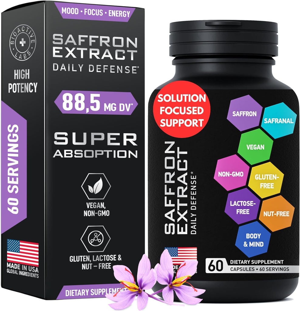 Optimized Saffron Supplements - 88.5mg Pure Saffron Extract for Mood Support, Focus, Energy - Plus Crocin, Crocetin, Kaempferol - Gluten-Free, Non-GMO - 1-a-Day 60 Capsules