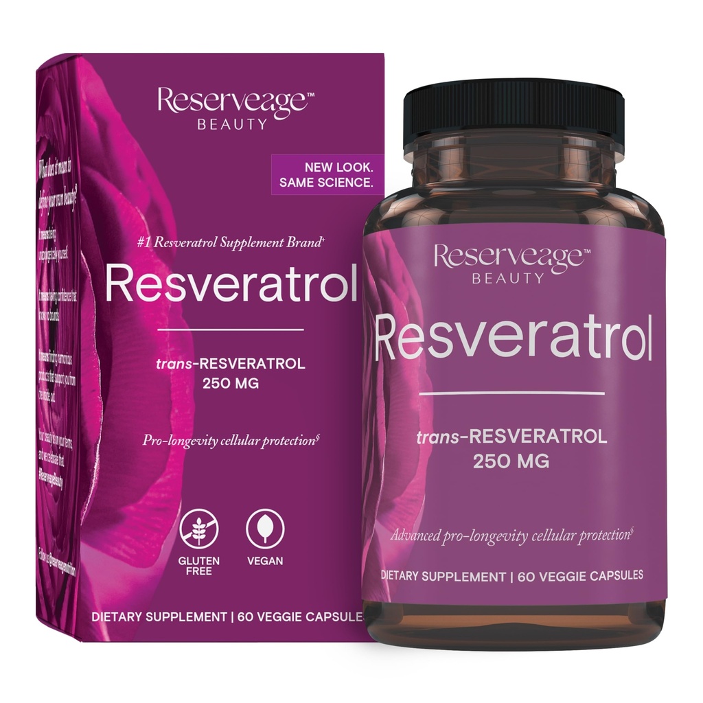 Reserveage Beauty Resveratrol 250 mg - Best Trans-Resveratrol - Vegan Antioxidant Supplement for Cellular & Heart Health - Aids Healthy Aging & Immune Health - 60 Vegetable Capsules