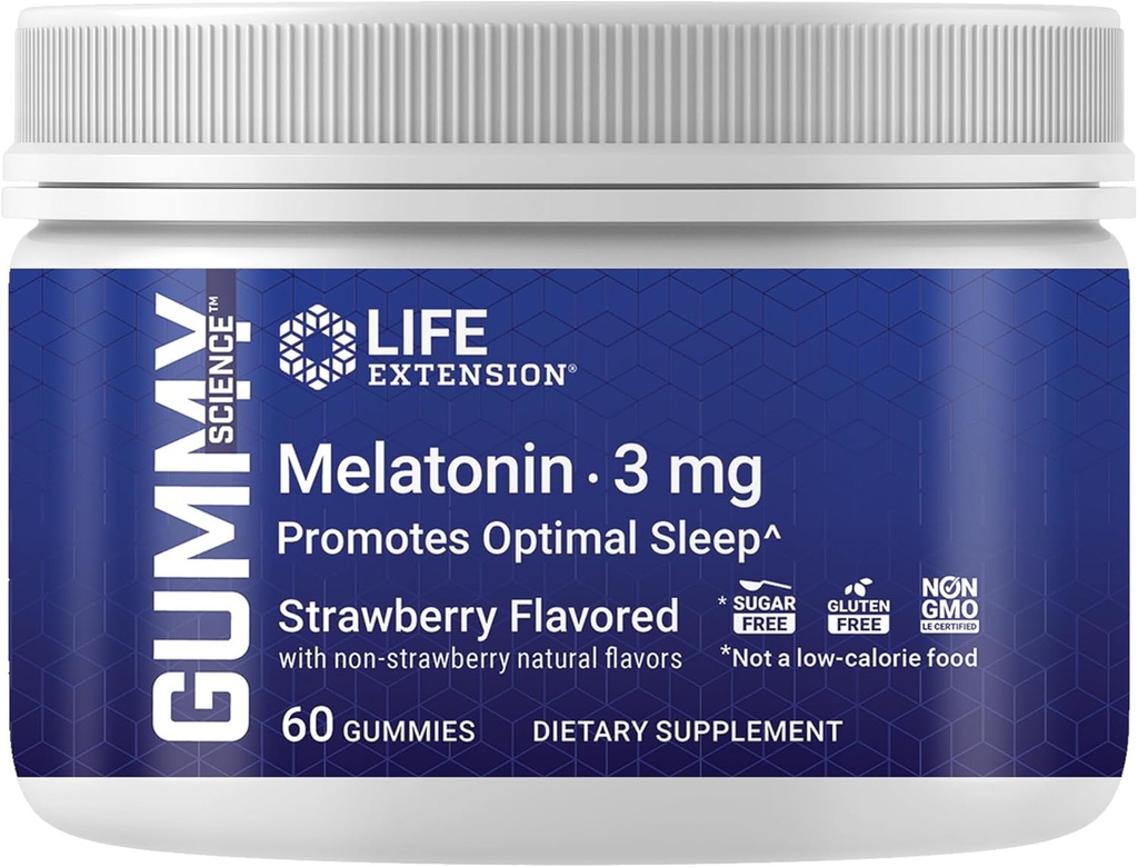 Life Extension Gummy ScienceTM Μελατονίνη (Strawberry), 3 mg, Βέλτιστη Υποστήριξη Ύπνου, Υγιής κιρκάδιος Ρυθμός, Κυτταρική Άμυνα, Χωρίς Γλουτένη, Μη ΓΤΟ, Χορτοφαγικά, 60 Gummies