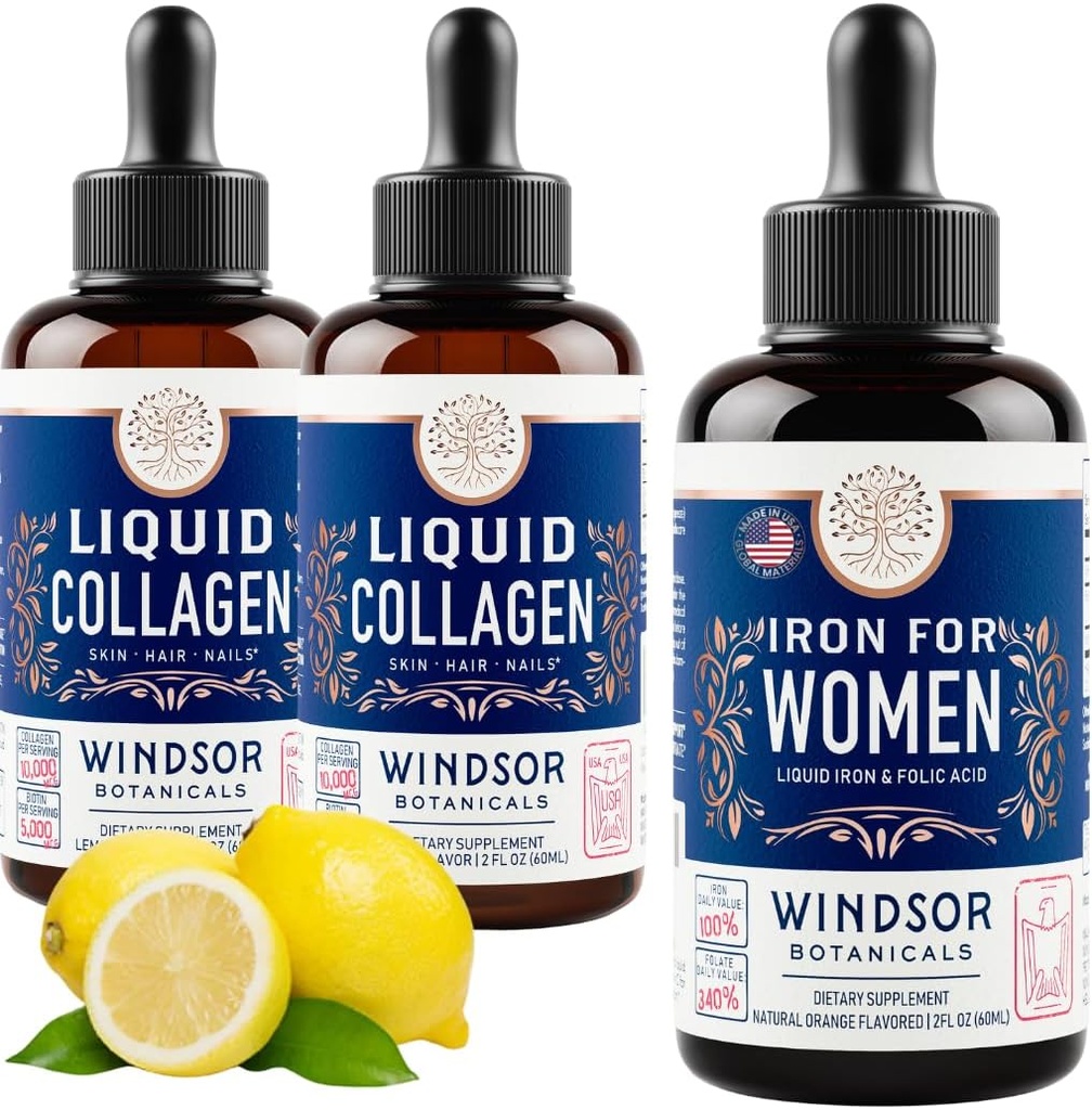 WINDSOR BOTANICALS Υγρό κολλαγόνο 2-πακέτο και υγρό σίδηρο για τις γυναίκες Ομορφιά και ευεξία δέσμη