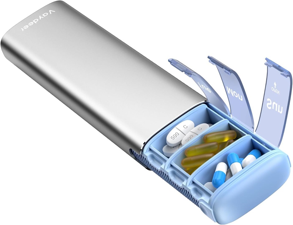 Vaydeer Metal Travel Pill Organizer, 7 Day Weekly Pill Box, Μεγάλη Χωρητικότητα Καθημερινή Χαριτωμένη περίπτωση Χάπια για Συμπληρώματα, Χάπια, Βιταμίνες και Φάρμακα (Μικρή,Sliver)