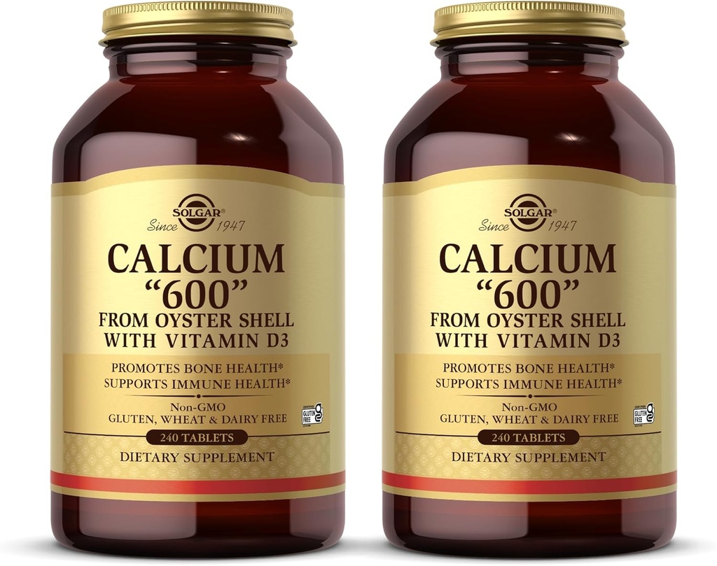 Solgar Calcium 600" - 240 δισκία, συσκευασία 2 - από το Oyster Shell με βιταμίνη D3 - Μη ΓΤΟ, Χωρίς γλουτένη, Χωρίς γαλακτοκομικά - 240 συνολικές σερβιέτες