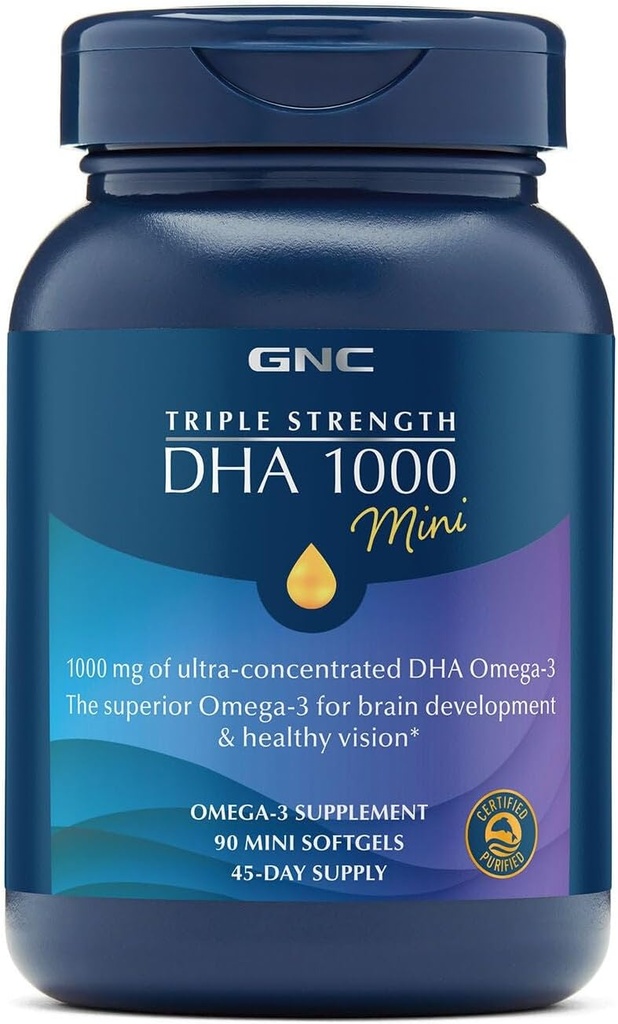 GNC τριπλή δύναμη DHA 1000 Mini Omega 3 συμπλήρωμα, 1000mg, Ultra συμπυκνωμένο, υψηλή ισχύς, υποστηρίζει την ανάπτυξη του εγκεφάλου και υγιή όραση, Burpless, 90 Mini Softgels, 45 SVG, 45 ημέρες προσφοράς
