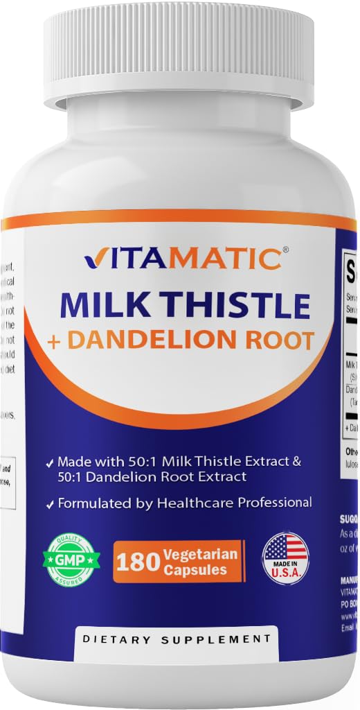 Vitamatic Milk Thittle 50:1 Extract 500mg, Dandelion Root 50:1 Extract 100mg, 180 κάψουλες χορτοφάγων, μη ΓΤΟ, Χωρίς γλουτένη