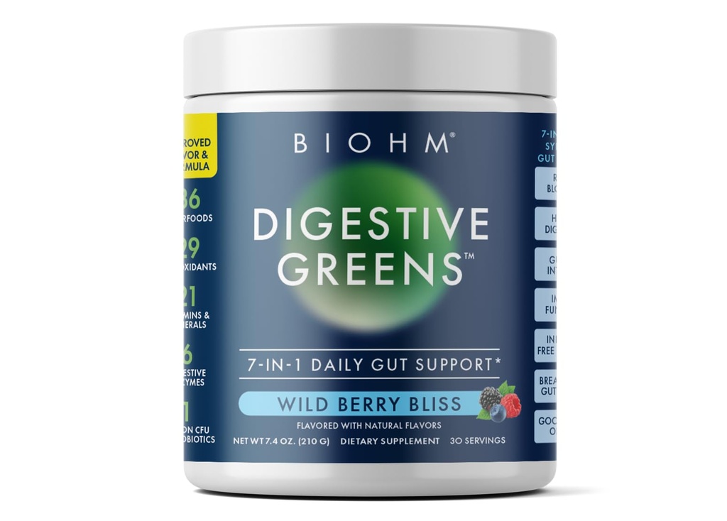 BIOHM Digestive Greens, Green Superfood Powder (7.4 Oz, 30 Servings) Immune & Gut Health Support with Antioxidants, Vitamins, Probiotics & Enzymes, Good Source of Fiber, Berry Flavor
