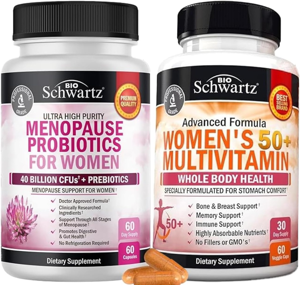 BioSchwartz Probiotic Εμμηνόπαυση συμπλήρωμα για τις γυναίκες (2 μήνας προσφοράς) Plus Καθημερινή πολυβιταμίνη για τις γυναίκες 50 & Over (1 μήνας προσφοράς)
