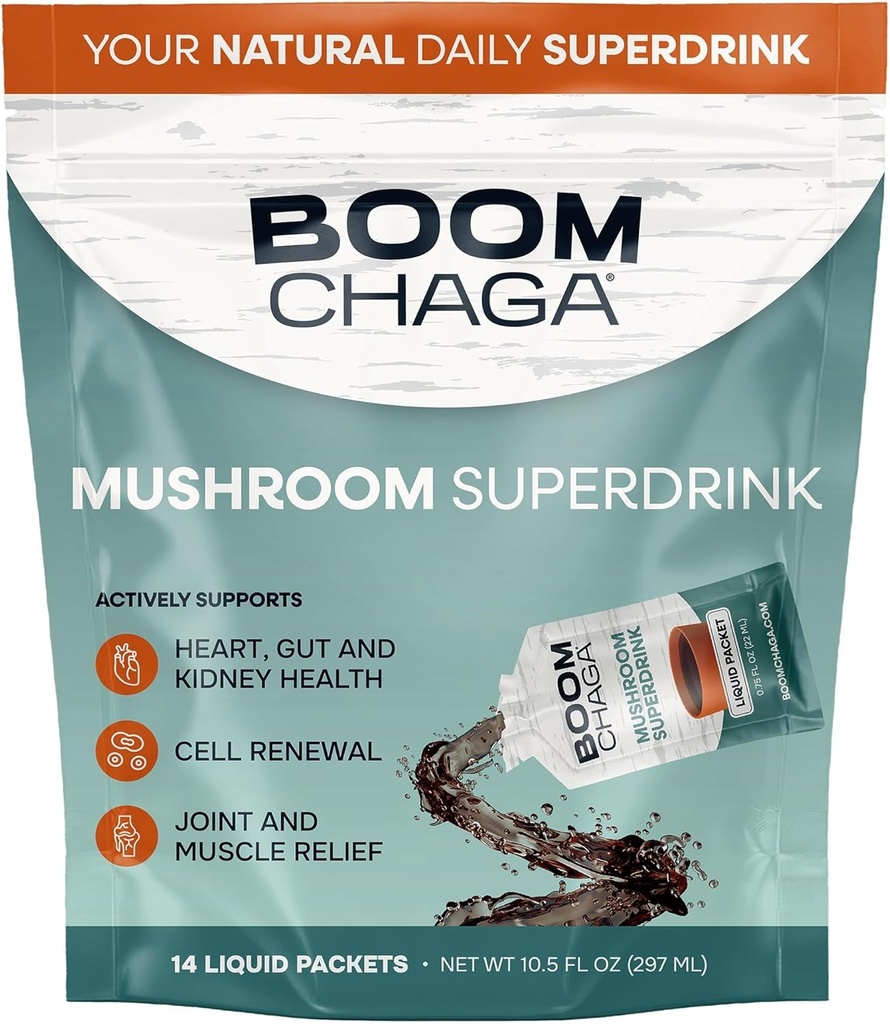 Mushroom Superdrink, Υγρό Συμπύκνωμα με Αντιοξειδωτικά για Αντιφλεγμονή και Ανοσία Boost, Beta-Glucans για την Υγεία της Καρδιάς, Oxalate-Free, 14 Single-Serving Packets