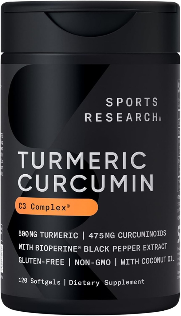 Sports Research Turmeric Curcumin C3 Complex - Softgels with Bioperine Black Pepper Extract & Organic Coconut Oil, Standardized 95% Curcuminoids - Μη ΓΤΟ Επαληθευμένο & Χωρίς Γλουτένη - 500mg, 120 Count