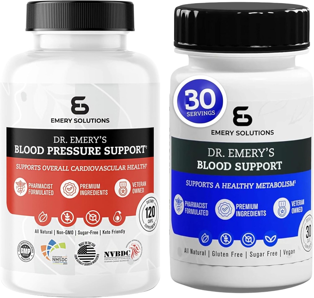 Dr Emery's Blood Pressure Support & Blood Support Capsules Magnesium D3 Potassium CoQ10 B6 B9 B12 Vitamins Zinc Vegan Sugar Free