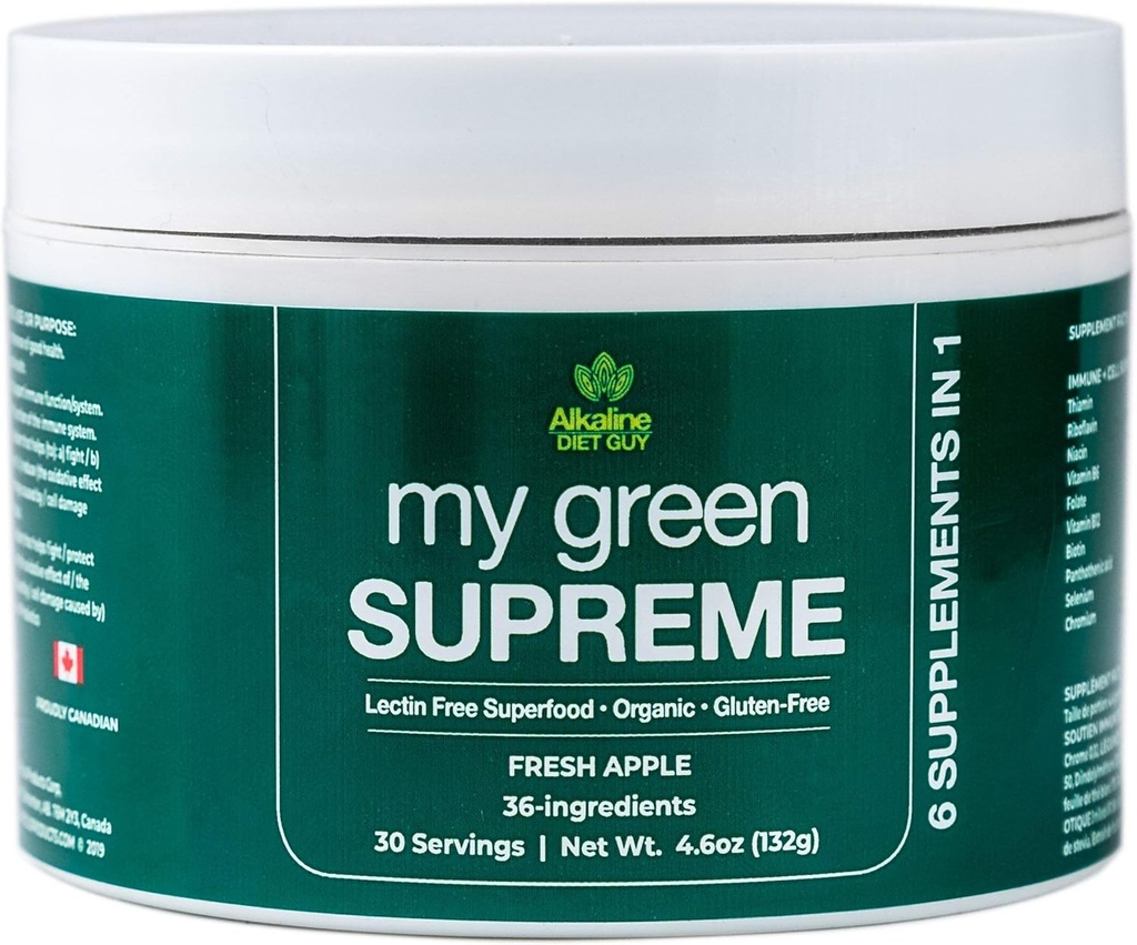 My Green Supreme Organic 6 in 1 Premium Superfood Supplement - Lectin Free and Gluten Free - 30 Σερβιέτες (4,6 oz) - Φρέσκο Apple Flavour - Απολαύστε ένα Smoothie ή Προστέθηκε σε οποιοδήποτε ποτό