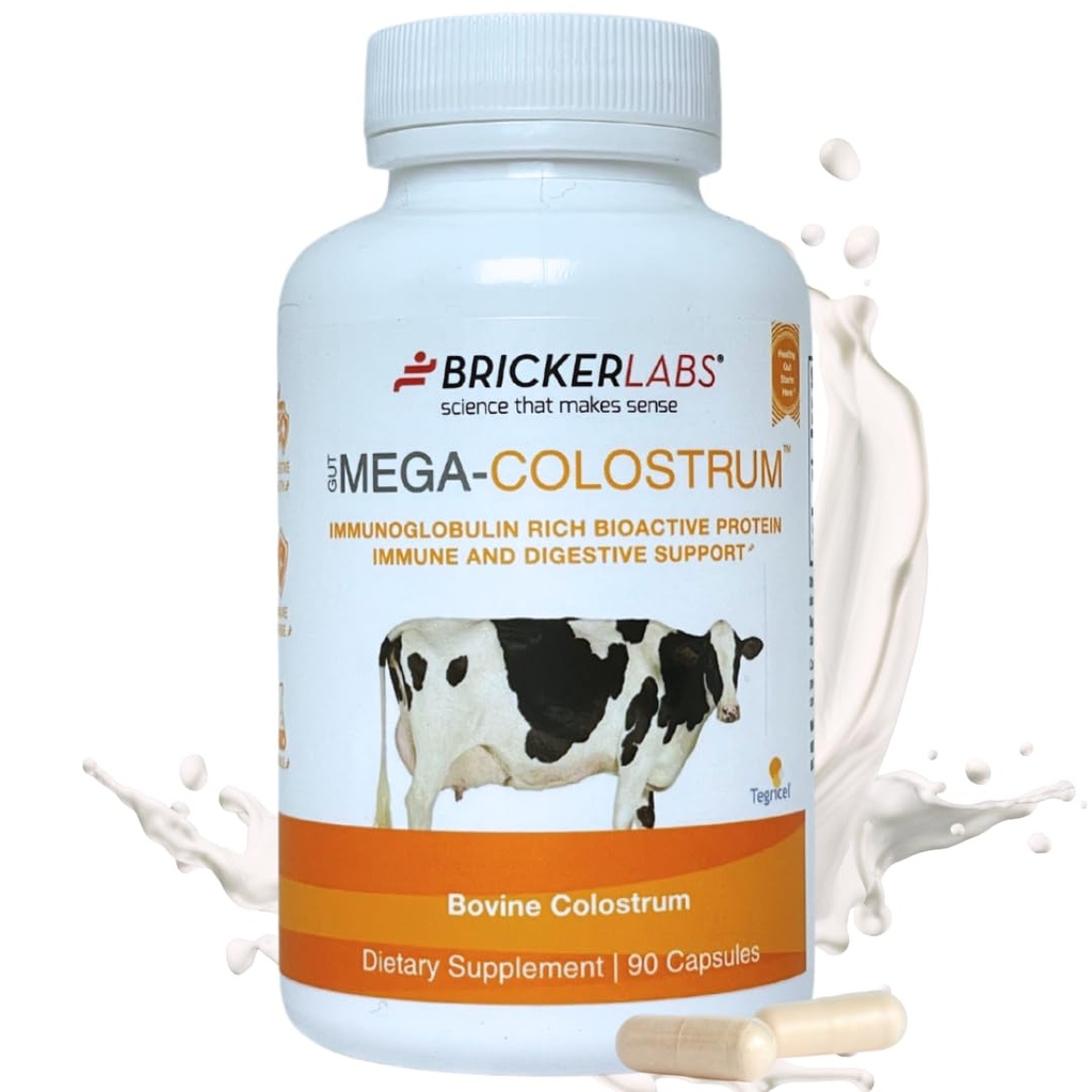 Bricker Labs Mega-Colostrum Capsules, Gut Health, Immunity, Skin & Hair, 1000 mg Bovine Colostrum Supplement 40% IgG, Rich in bioactive proteins, Growth Factors and antibodies, 45 Servings