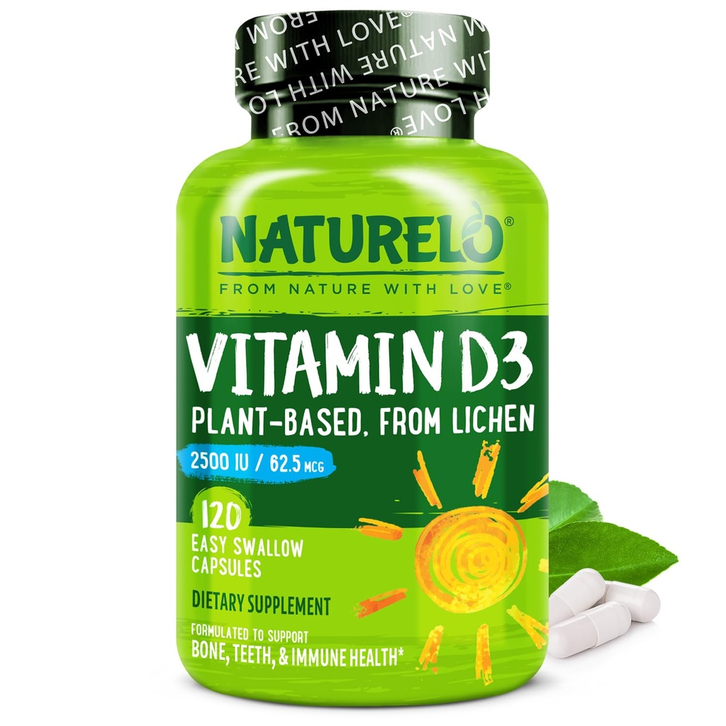 NATURELO Βιταμίνη D - 2500 IU - Φυτό με βάση από τη λειχήνα - Φυσικό συμπλήρωμα D3 για το ανοσοποιητικό σύστημα, υποστήριξη των οστών, κοινή υγεία - Vegan - μη ΓΤΟ - Χωρίς γλουτένη - 120 κάψουλες