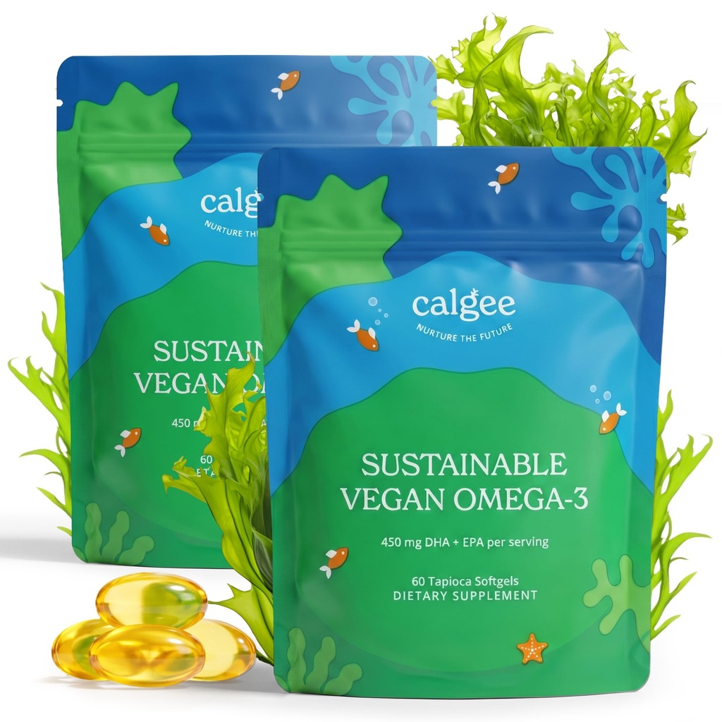 Calgee Vegan Omega 3-450mg DHA & EPA Λιπαρά Οξέα - Βιώσιμο Έλαιο Φυκιών - Φυτικό Λάδι Εναλλακτικό - Carragenan-Free Softgels (120 Ct)