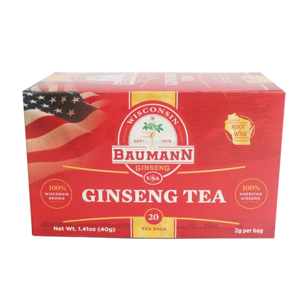 Baumann Premium American Ginseng Τσάι Τσάι (20 Τσάντες Τσάι) - Αυθεντικό Panax Wisconsin Grown Panax Ginseng Herbal Τσάι - Υγιεινό Πράσινο Τσάι με Αντιοξειδωτικό Ginsenosides για Ενισχυμένη Εστίαση & Ενέργεια