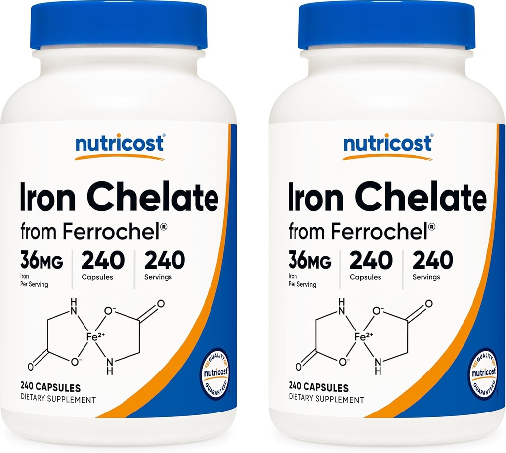 Nutricost Chelated Iron, As Ferrochel, 36mg, 240 Capsules (2 Bottles)