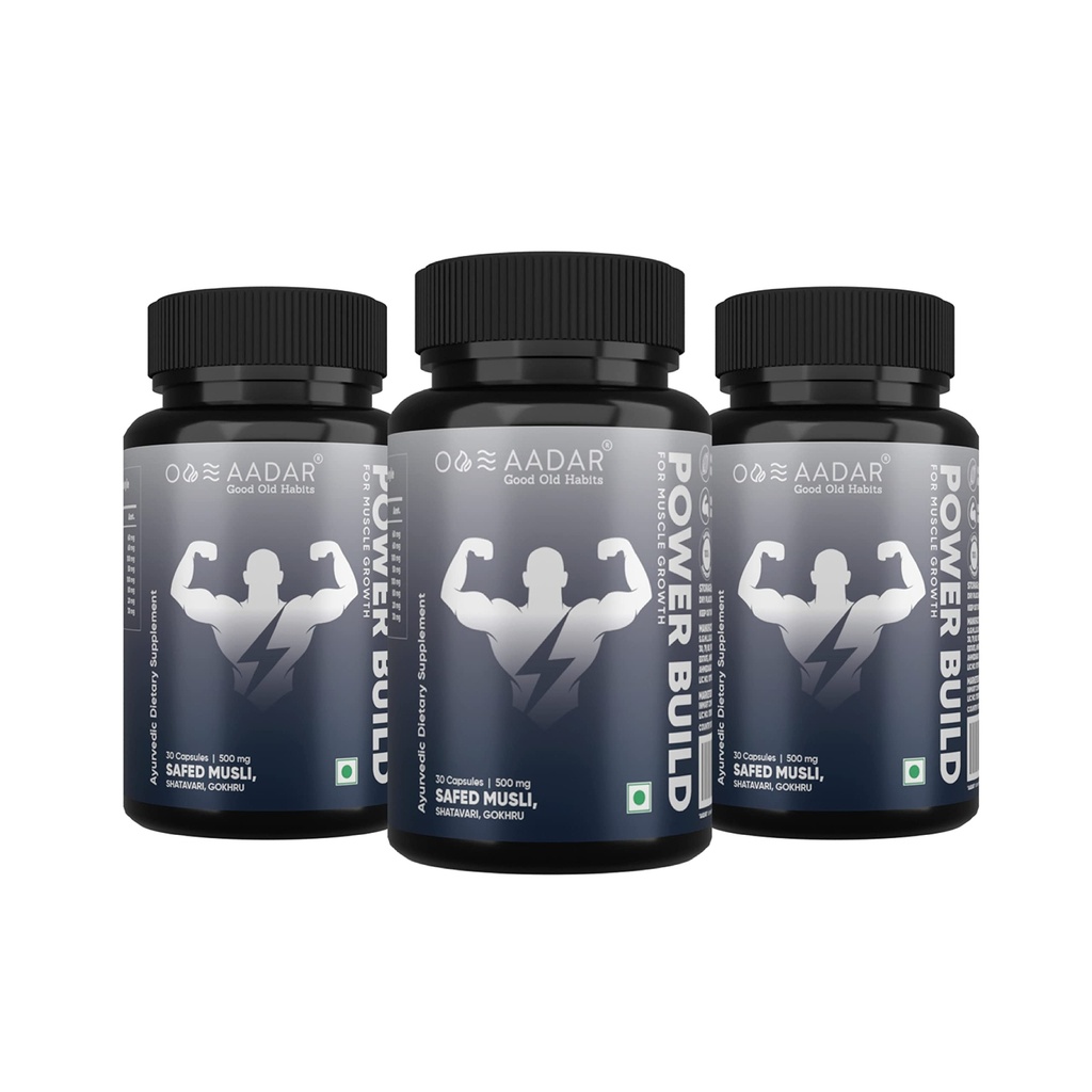 AADAR Power Build | Ayurvedic Real Muscle Mass Gainer | Improves Performance & Boost Metabolism | (Safed Musli, Gokhru, Shatavari) 30 Capsules (Pack 3)