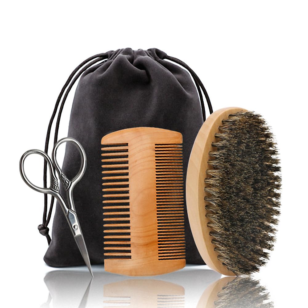 Βούρτσα γέμισης μαλλιών & Comb, Ψαλίδι σετ για άνδρες, σετ περιλαμβάνει μαλακή βούρτσα φρυγανιάς, μπαμπού πλατιά χτένα δοντιών, και μουστάκι Ψαλίδι trimming, ίσιωμα & μαλακή γενειάδα σας