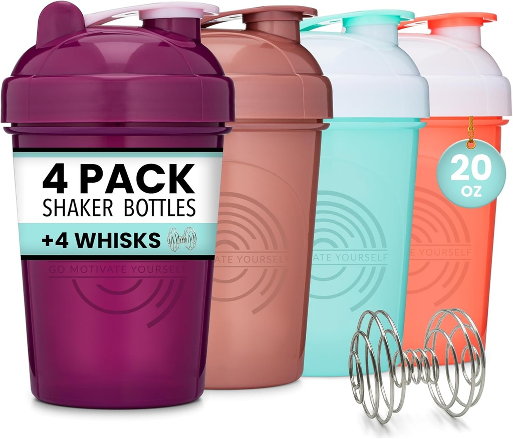 GOMOYO 4-Pack - 20 μπουκάλι αναδευτήρα ουγγιάς, σύρμα αναδευτήρα πρωτεΐνης Whisk x4, χύδην πρωτεϊνικό ποτό και πριν από την προπόνηση κύπελλα αναδευτήρα, πλυντήριο πιάτων ασφαλή & BPA δωρεάν