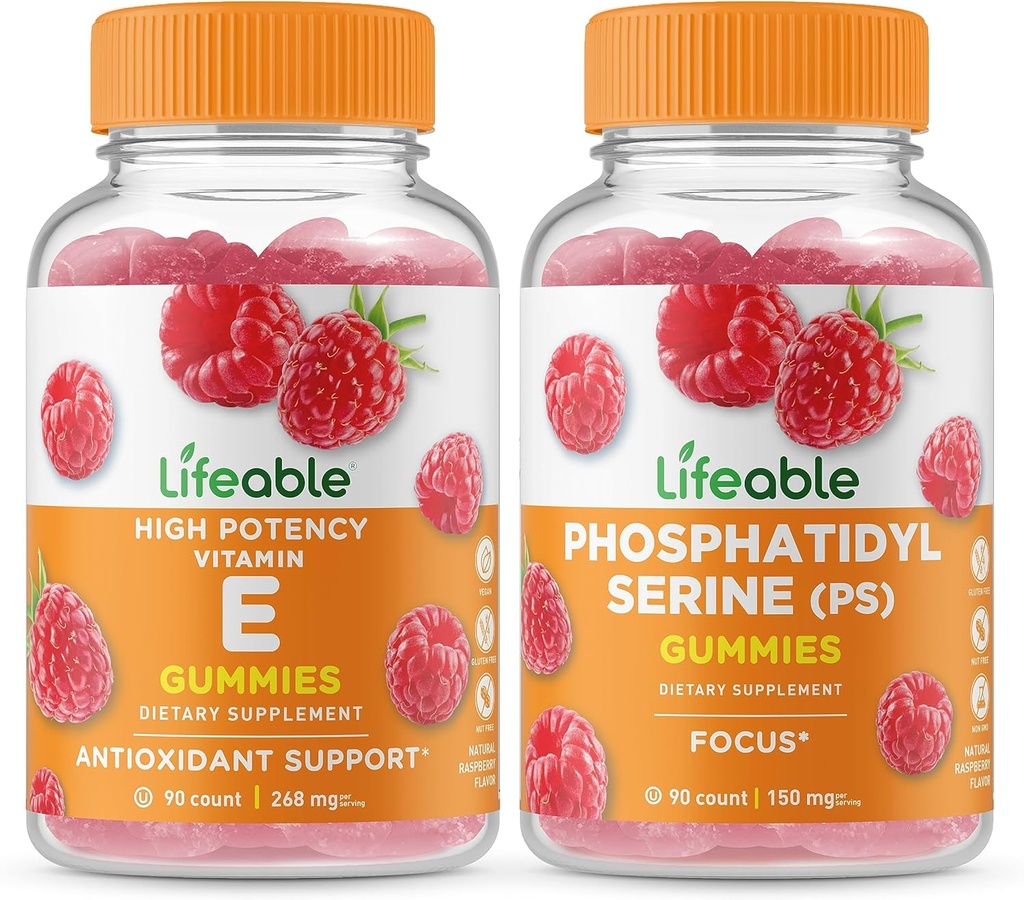 Lifeable Vitamin E + Phosphatidylserine (PS), Gummies Bundle - Great Tasting, Vitamin Supplement, Gluten Free, GMO Free, Chewable Gummy