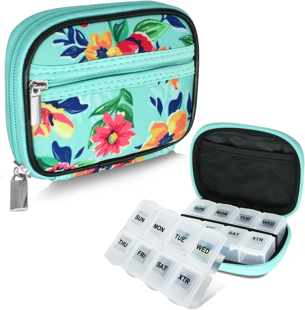 Serfeymi Weekly Travel Pill Organizer Pill Case for Purse with Removable 7 Day Pill Box, Fashionable Travel Medicine Organizer Pill Container for Medicine, Vitamin, Supplement - Green 01 + Pill Box