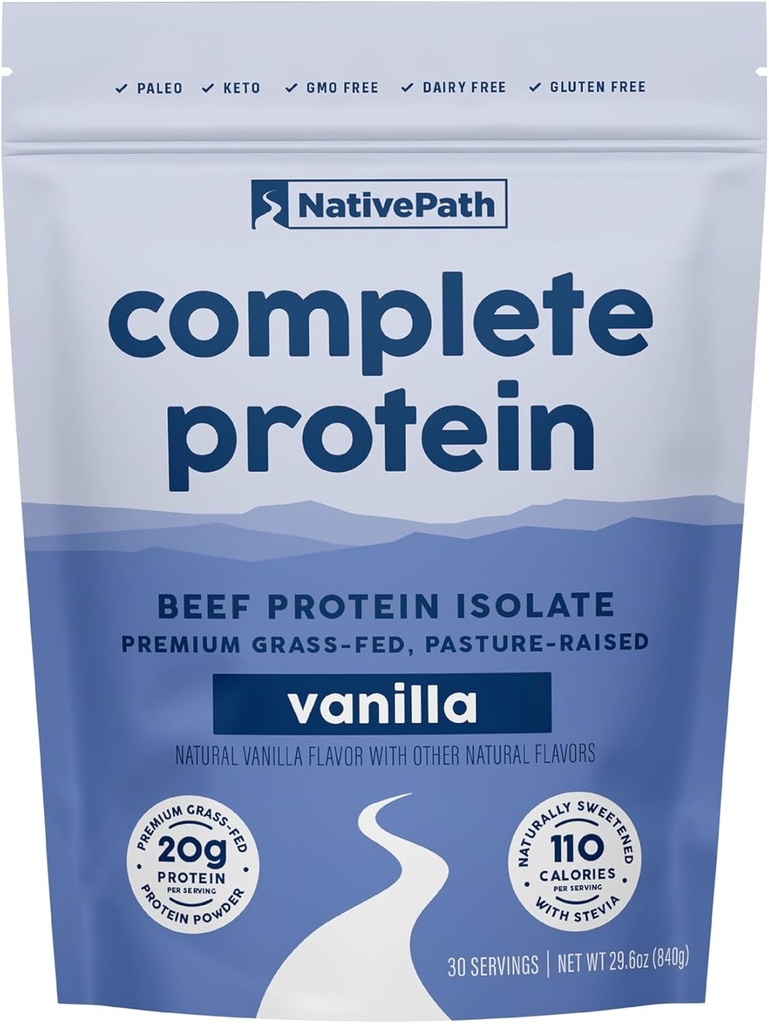 NativePath Complete Beef Protein Powder Isolate – Grass-Fed, Pasture-Raised, Dairy & Lactose Free, Gluten Free, Zero Sugar, MCTs & Amino Acids – 20g Protein, Vanilla Flavor, 30 Servings