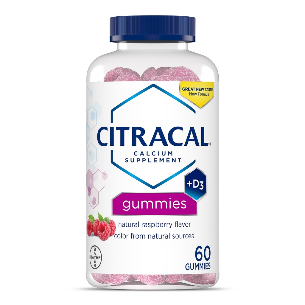 Κιτρικό ασβέστιο Gummies, συμπλήρωμα ασβεστίου με βιταμίνη D3, υποστήριξη της υγείας των οστών, για ηλικίες 12+, φυσικό σμέουρο άρωμα, 60 κόμης