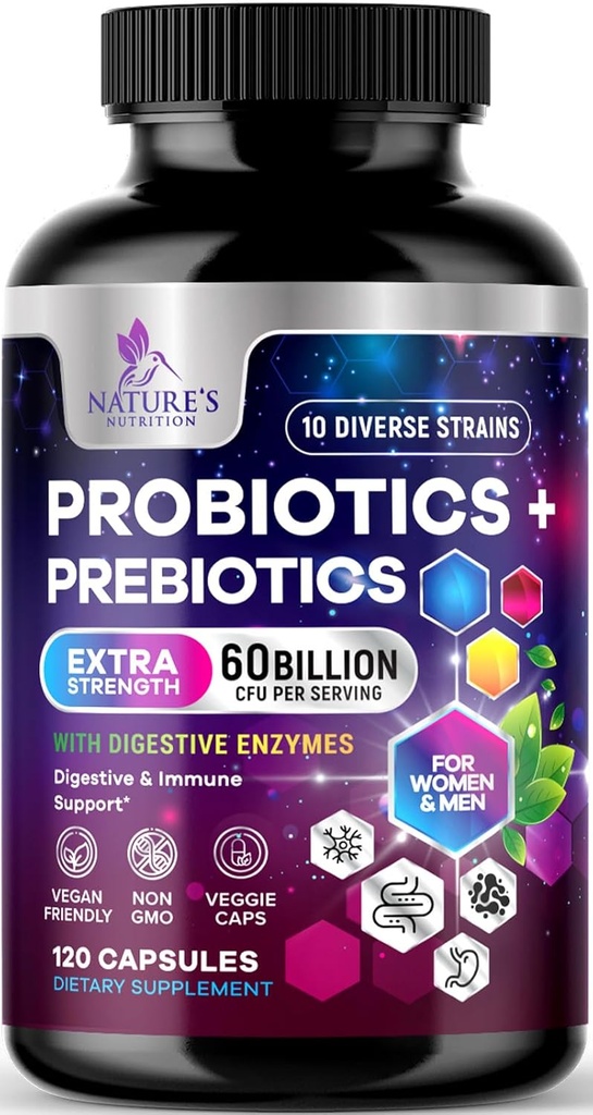 Probiotics 60 Δισεκατομμύρια CFU - 10 Probiotic Strains & Prebiotics - Digestive Gut Health, Immune Support & Occasional Constipation, Gas & Bloating - Daily Supplement for Women & Men - 120 Vegan Capsles