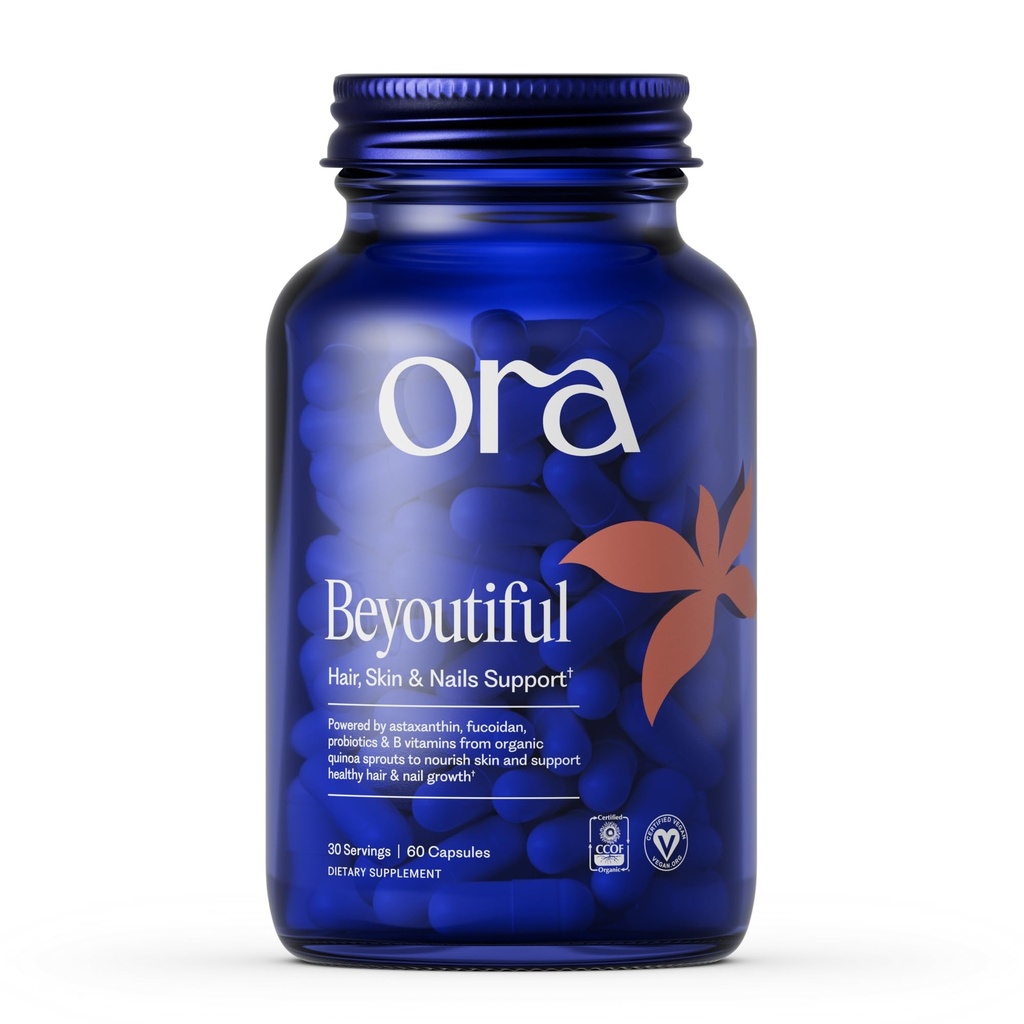 Ora Organic Hair, Skin, and Nails Support- BeYouTiful - Συμπλήρωμα ομορφιάς με βιταμίνες Β και εκχύλισμα άλγης για υγιή μαλλιά και δέρμα - 60 κάψουλες Vegan
