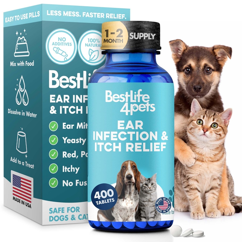 Itch Relief and  αυτιών θεραπεία για σκύλους & γάτες, φυσικά ακάρεα αυτί θεραπεία για γάτες και σκύλους καταπραΰνει φαγούρα αυτιά, μειώνει το πρήξιμο, ωτίτιδα, πόνος & φλεγμονή, 400 εύκολο να δώσει μικροσκοπικά χάπια