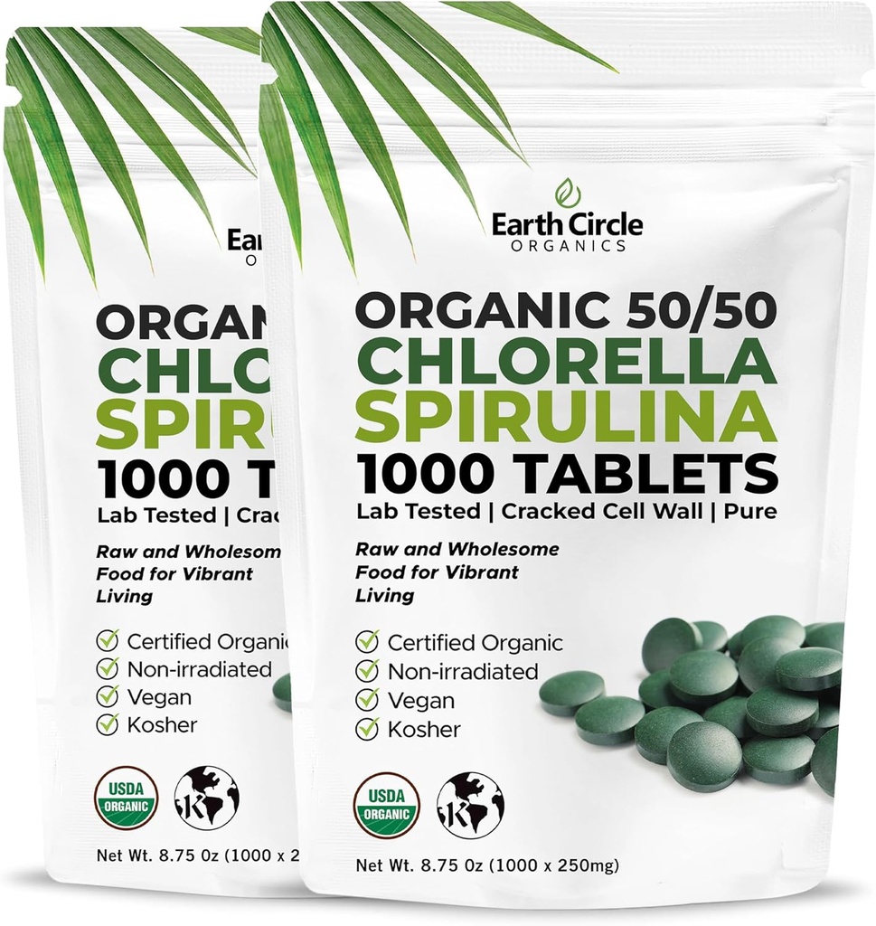 Premium Organic CHLORELLA /SPIRULINA 1000 Tablets (50/50) Kosher, Vegan - Green Algae Superfood, Cracked Cell Wall, Chlorophyll, High in Protein & Iron, no additives, or fillers 8.75 Oz (2 Pack)