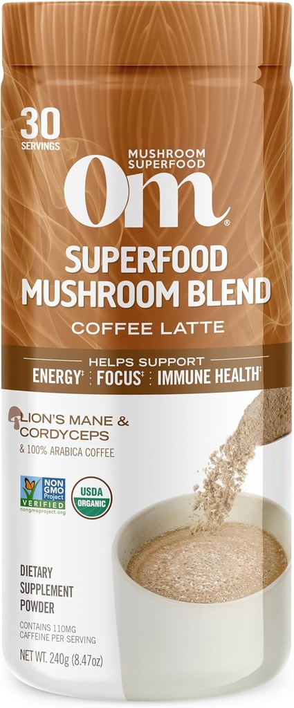OM MUSHROOM SUPERFOOD καφέ Latte Blend Mushroom σκόνη, 8.47 Canister ουγγιά, 30 υπηρεσίες, χαίτη του λιονταριού, Cordyceps, Reishi, Chaga, ενέργεια και ψυχική σαφήνεια συμπλήρωμα υποστήριξης