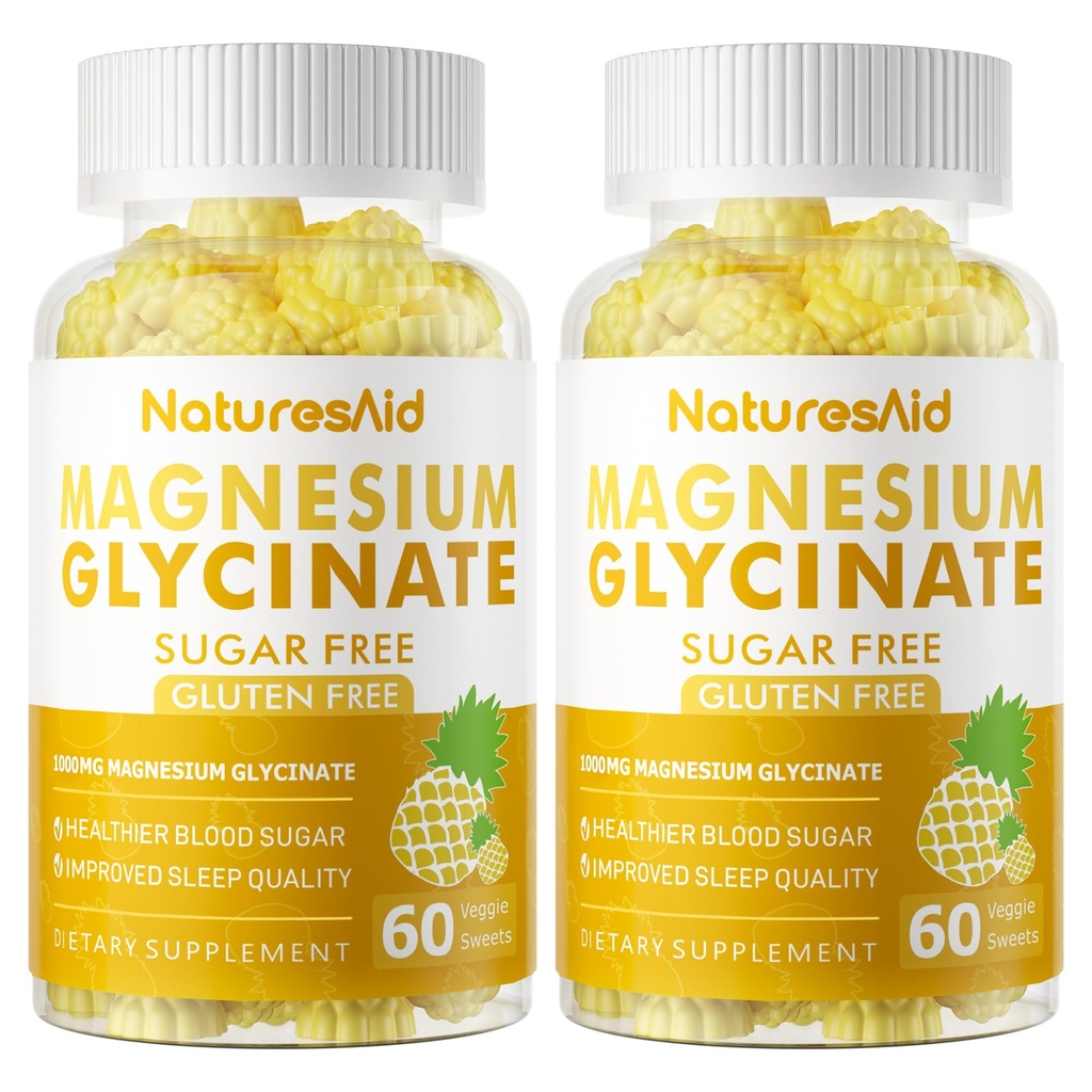 Γλυκινικό μαγνήσιο Gummies 1000mg - Συμπλήρωμα μαγνησίου χωρίς ζάχαρη με βιταμίνη D, B6, CoQ10 για υποστήριξη ηρεμίας & ύπνου - 120 ανανά Gummies -2 Pack