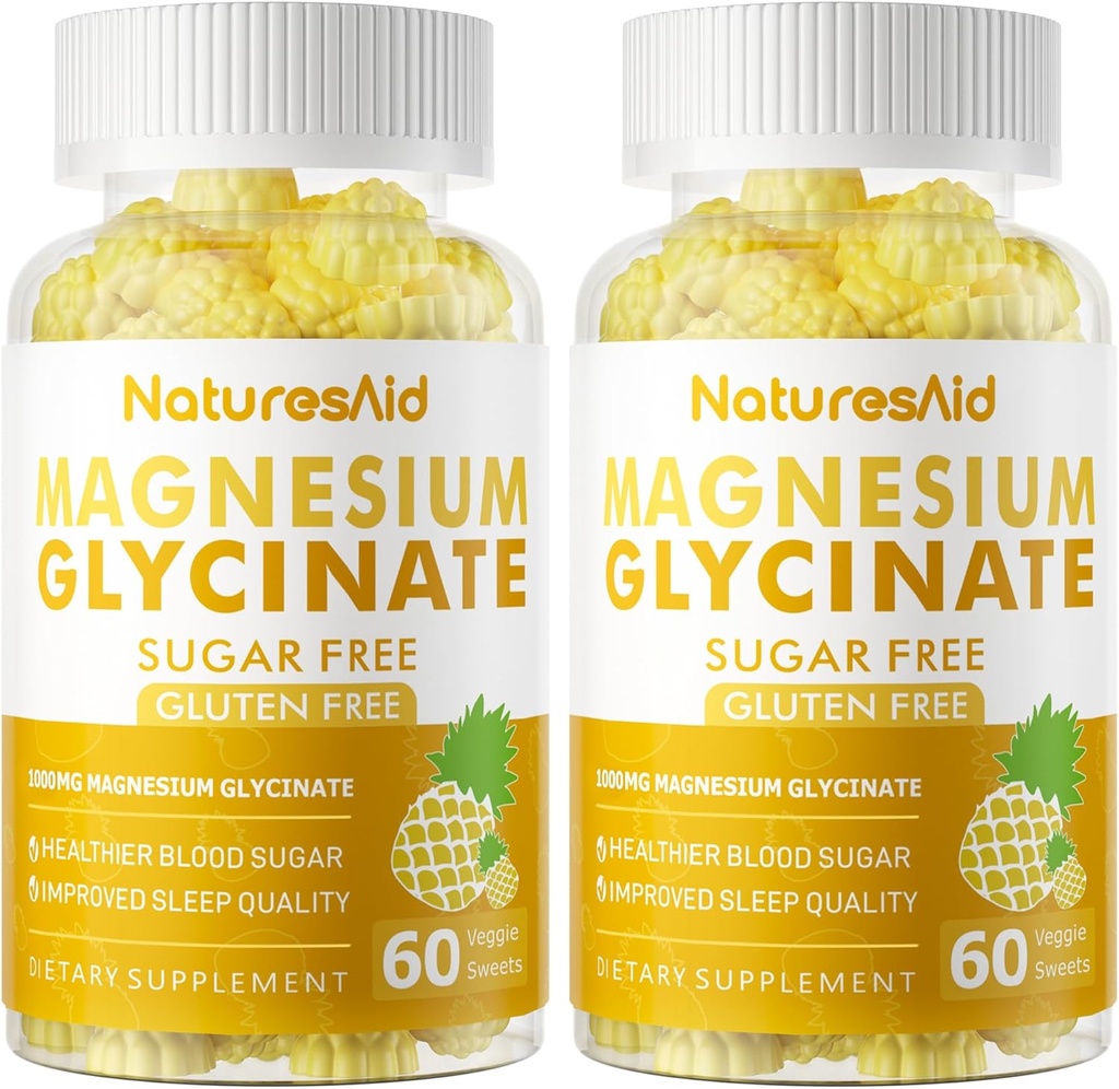 Magnesium Glycinate Gummies 1000mg - Sugar Free Magnesium Potassium Supplement with Vitamin D, B6, CoQ10 for Calm Mood & Sleep Support - 120 Pineapple Gummies -2 Pack