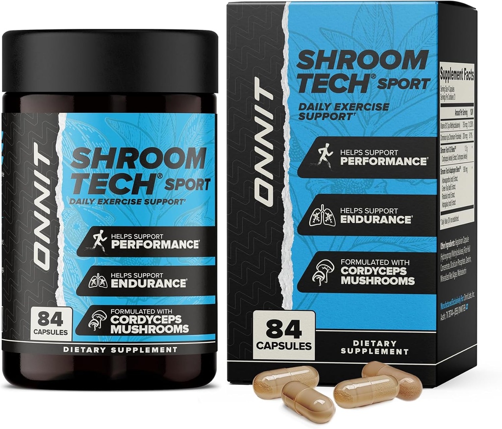 ONNIT Shroom Tech Sport Καθημερινές κάψουλες υποστήριξης ασκήσεων, συμπλήρωμα προ προπόνησης με μανιτάρια Cordyceps, συμπλήρωμα διατροφής χωρίς καφεΐνη για την καθημερινή ενεργειακή υποστήριξη, 84 Count