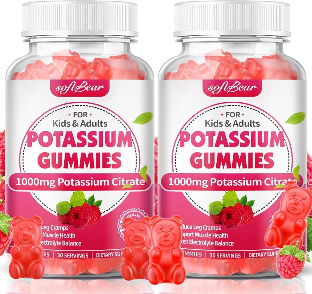softbear Κάλιο Citrate 1000mg Gummies – Υψηλή Απορρόφηση Κάλιο Gummies for Muscle Support & Electrolyte Balance – Συμπλήρωμα καλίου για γυναίκες & ενήλικες, Vegan, Raspberry Flavor (120 Count)