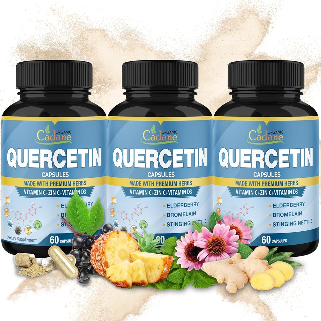 Organic Cadane 3 Packs 60 Capsules Quercetin Extract Capsules - Support Immune System - Combined with Elderberry, Bromelain, Ginger, Echinacea & More - 3 Month Supply