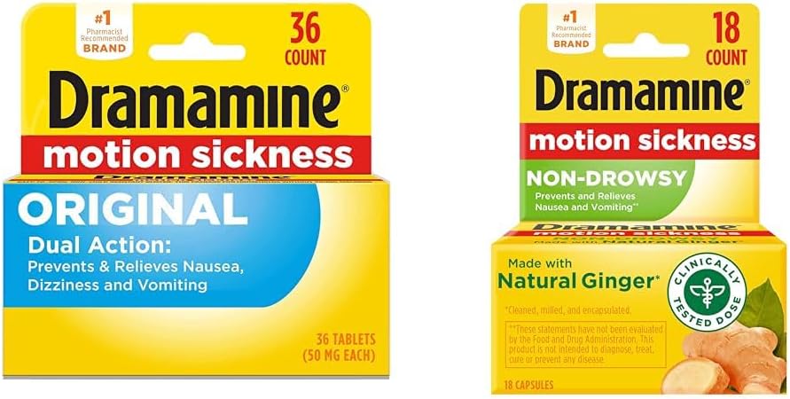 Dramamine Original, Motion Sickness Relief, 36 Count & Nowsy, Motion Sickness Relief, Made with Natural Ginger, 18 Count
