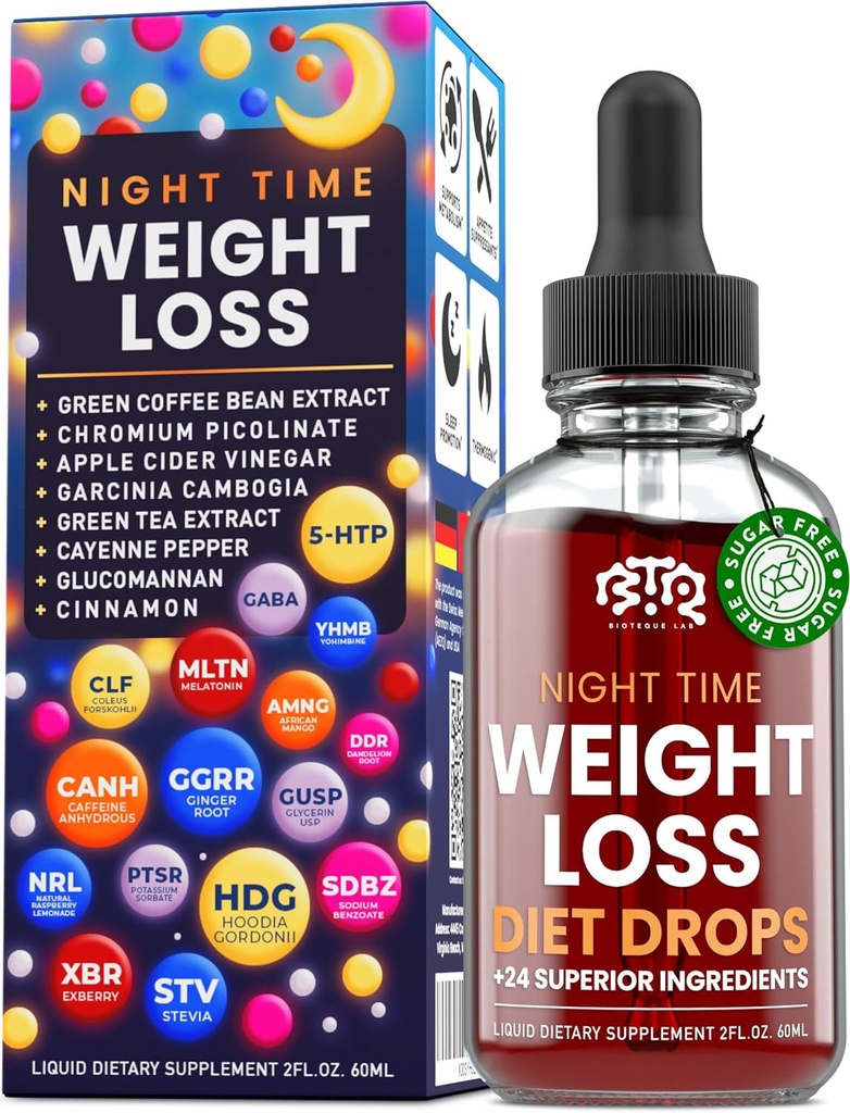 Night Time Weight Loss Diet Drops - Έλεγχος όρεξης, Fat Burner, Μεταβολισμός Booster - Μηλίτης μηλίτη Ξίδι - Κανέλα - Καγιέν πιπέρι