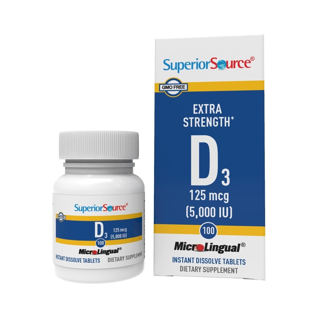 Superior Source Βιταμίνη D3 5000 IU - Προσφορές Ανοσοποιητικό Σύστημα, Εγκεφαλικό & Νευρικό Σύστημα Υποστήριξη - Βοηθά στην Απορρόφηση Ασβεστίου για τα Δόντια & την Υγεία των Οστών - Bariatric Friendly - 100 Υπογλώσσια Δισκία Διάλυσης