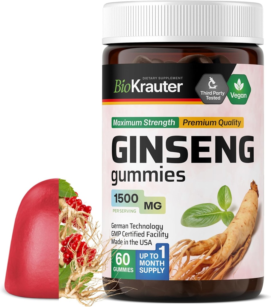 BIO KRAUTER Panax Ginseng Gummies - 1500 mg Strength - 60 Count - Chewable Red Ginseng Supplement - Immune Support Gummies - Vegan, Pectin-Based, Non-GMO