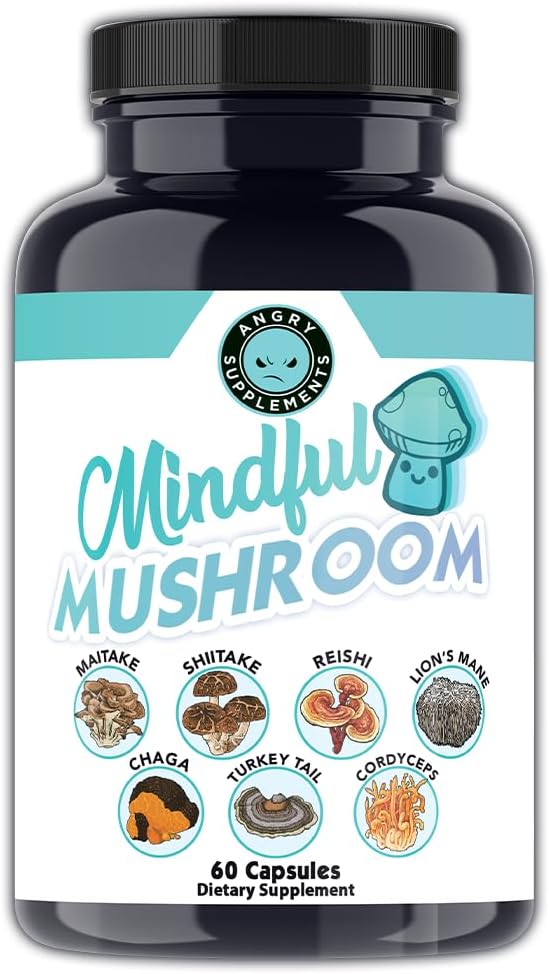 Angry Συμπληρώματα Mindful Mushrooms Κάψουλες - 7in1 Premium Υγεία Shroom Blend του Μαϊτάκε, Shiitake, Reishi, Turkey Tail, Cordyceps, Lions Mane και Chaga Μανιτάρια (60ct)