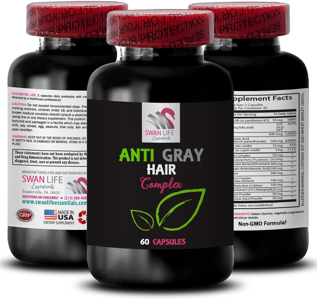 Αντι γκρίζα χάπια μαλλιών - ANTI GRAY HAIR COMPLEX - Χρώμα ζωντάνια, γκρι περιποίηση μαλλιών, Φρέσκο τόνο, ζωηρό χρώμα, Αντι γκρι συμπλήρωμα μαλλιών, Έλεγχος απόχρωσης μαλλιών, Youthful εμφάνιση 1 μπουκάλι 60 κάψουλες