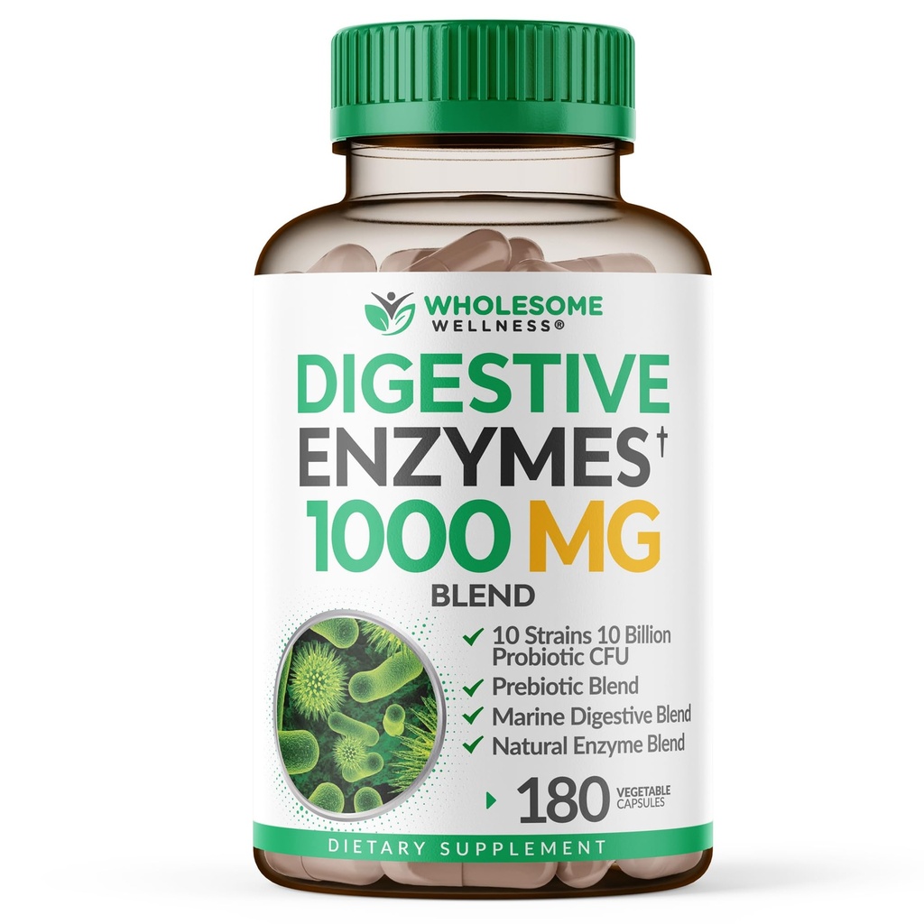 Υγιής Ευεξία Digestive Ένζυμα 1000MG Plus Συμπληρώματα Πρεβιοτικών & Προβιοτικών, 180 Κάψουλες, Βιολογική Φόρμουλα Vegan για Διέγερση & Λακτόζη με Αμυλάση & Bromelain, 3-6 Μήνες Προμήθεια