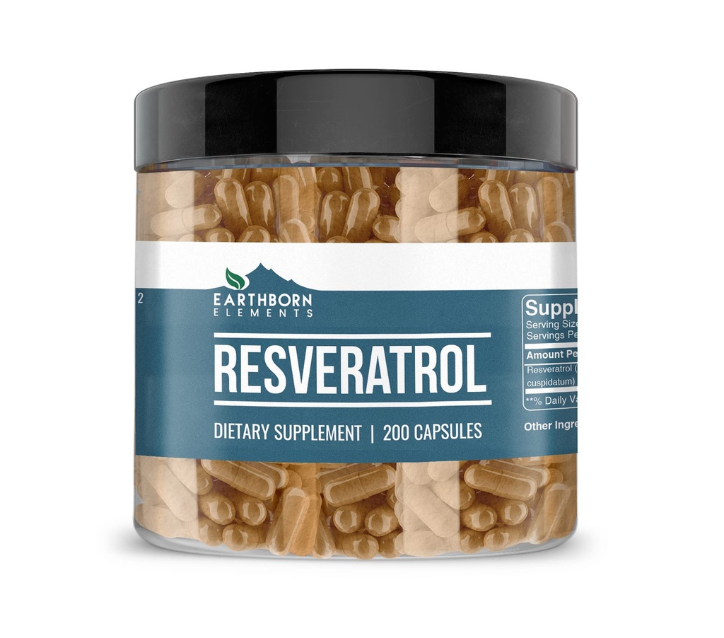 Earthborn στοιχεία Resveratrol 200 κάψουλες, καθαρό & μη αραιωμένο, χωρίς πρόσθετα